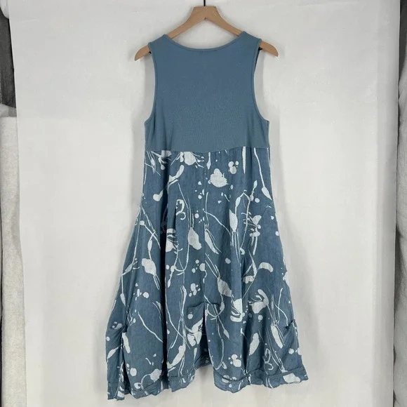 Lands Downunder Linen Dress Womens Large Blue‎ Abstract Knit Ribbed Square Neck - Picture 3 of 16